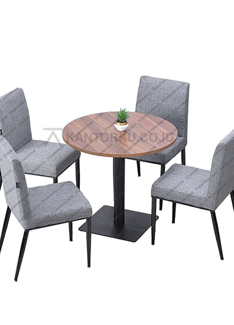 Set meja makan bundar bermotif kayu dengan empat kursi kain abu-abu bergaya modern elegan — Kantorku.