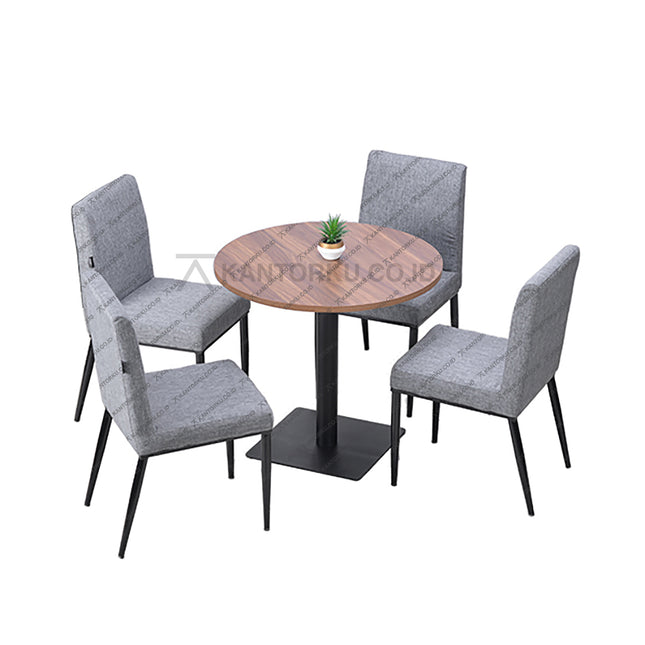 Set meja makan bundar bermotif kayu dengan empat kursi kain abu-abu bergaya modern elegan — Kantorku.