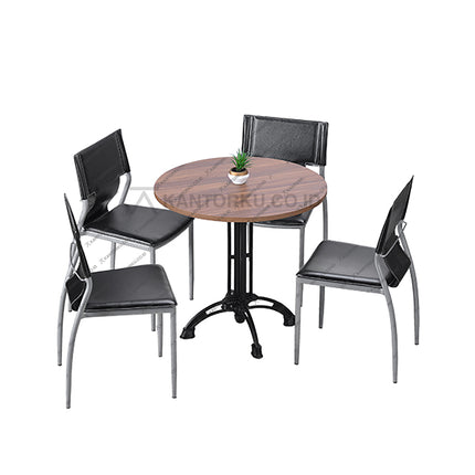 Set meja makan bundar bermotif kayu dengan empat kursi kulit sintetis bergaya klasik modern — Kantorku.