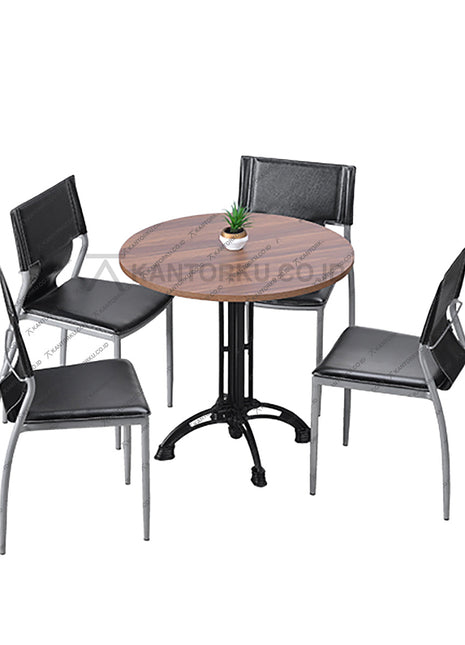 Set meja makan bundar bermotif kayu dengan empat kursi kulit sintetis bergaya klasik modern — Kantorku.
