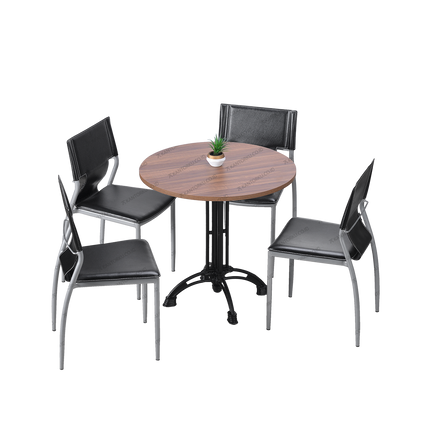 Set meja makan bundar bermotif kayu dengan empat kursi kulit sintetis bergaya klasik modern — Kantorku.