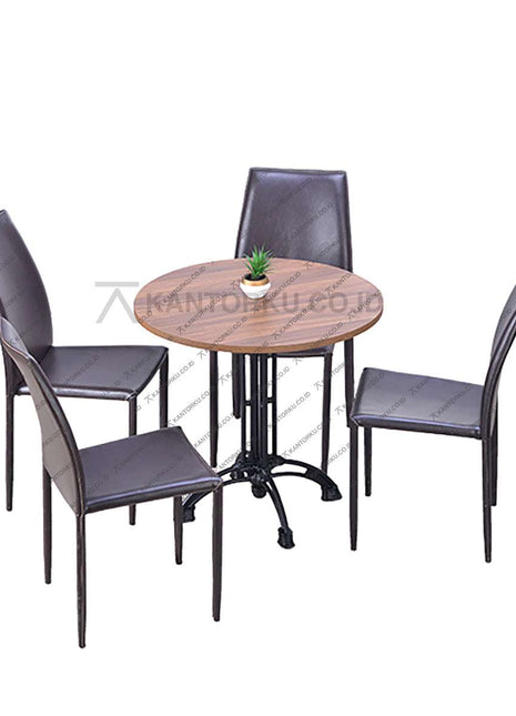 Set meja makan bundar bermotif kayu dengan empat kursi kulit sintetis coklat bergaya klasik modern — Kantorku.