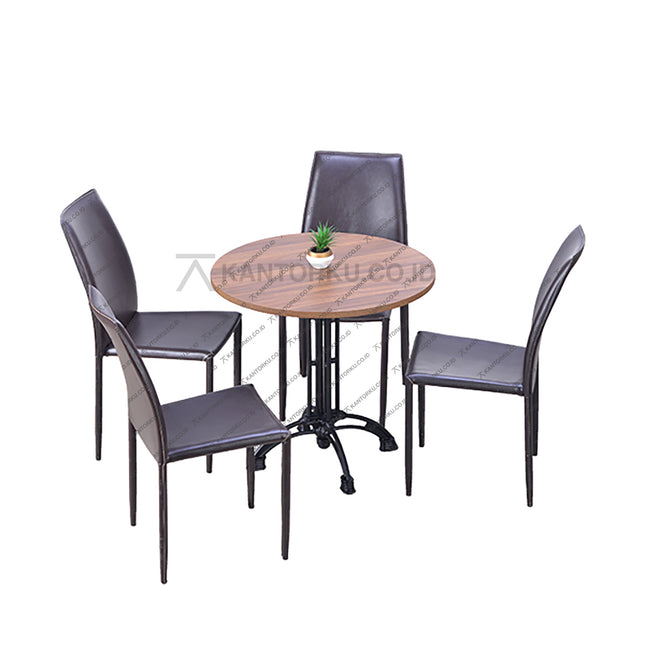 Set meja makan bundar bermotif kayu dengan empat kursi kulit sintetis coklat bergaya klasik modern — Kantorku.