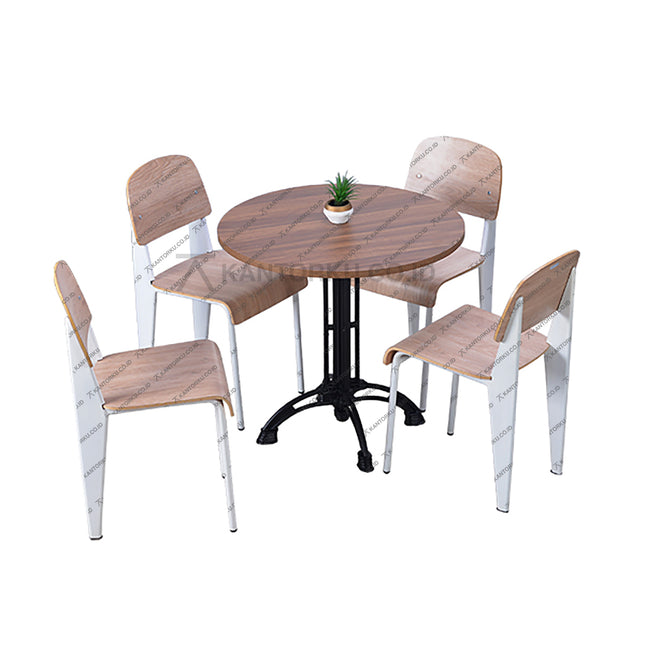 Set furnitur makan dengan meja kayu bermotif hangat dan kursi kontemporer kaki putih — Kantorkudotcodotid.