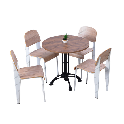 Set furnitur makan dengan meja kayu bermotif hangat dan kursi kontemporer kaki putih — Kantorkudotcodotid.