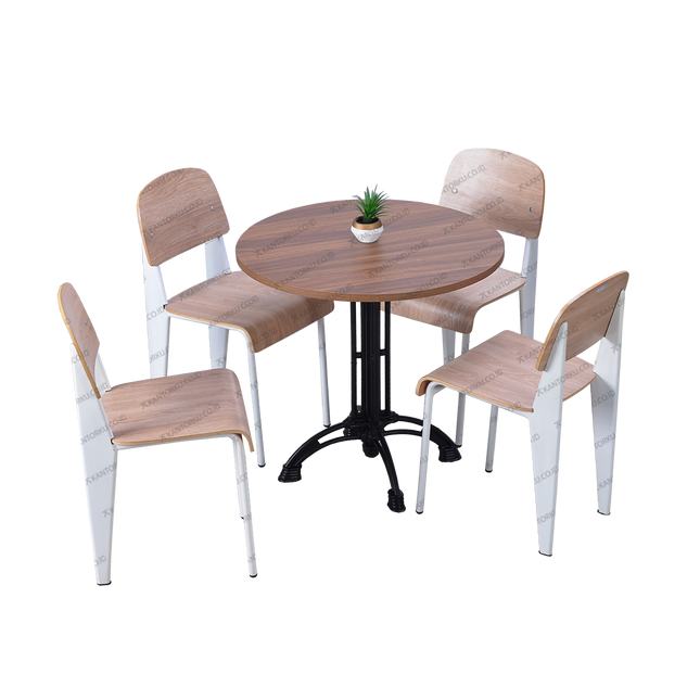 Set furnitur makan dengan meja kayu bermotif hangat dan kursi kontemporer kaki putih — Kantorkudotcodotid.