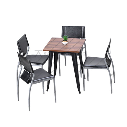 Set meja makan persegi bermotif kayu dengan empat kursi kulit sintetis bergaya industrial — Kantorku.