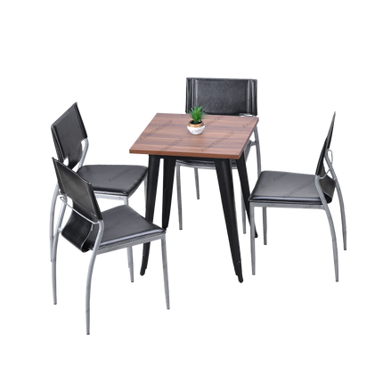 Set meja makan persegi bermotif kayu dengan empat kursi kulit sintetis bergaya industrial — Kantorku.