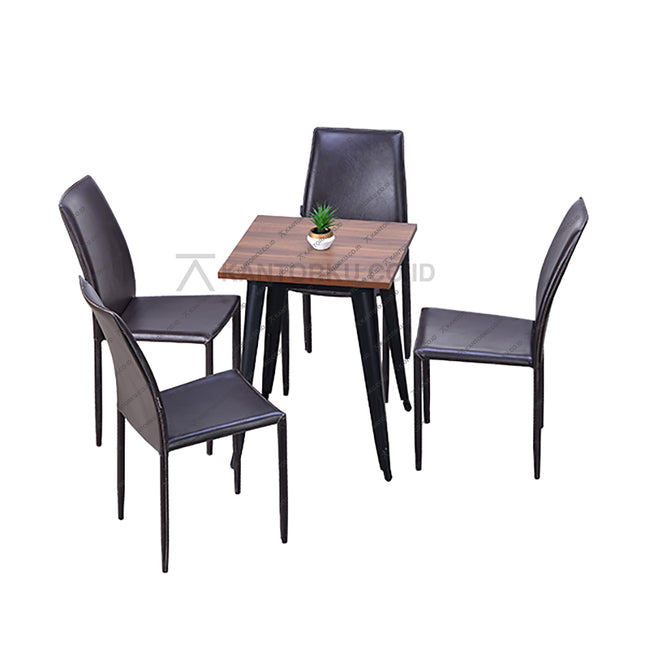 Set meja makan persegi bermotif kayu dengan empat kursi kulit sintetis coklat bergaya industrial — Kantorku.
