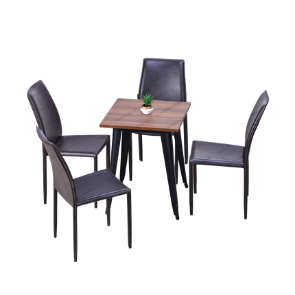 Set meja makan persegi bermotif kayu dengan empat kursi kulit sintetis coklat bergaya industrial — Kantorku.