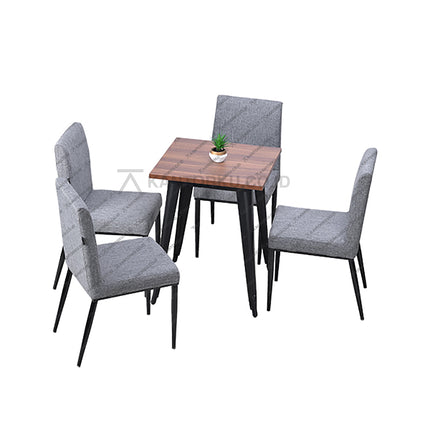 Set meja makan persegi bermotif kayu dengan empat kursi berlapis kain bergaya industrial — Kantorku.