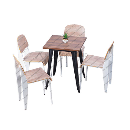 Set meja makan persegi bermotif kayu dengan empat kursi kayu lengkung bergaya industrial — Kantorku.