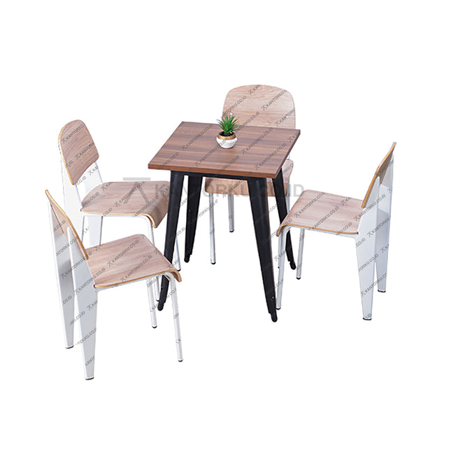 Set meja makan persegi bermotif kayu dengan empat kursi kayu lengkung bergaya industrial — Kantorku.