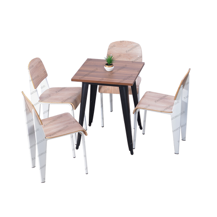 Set meja makan persegi bermotif kayu dengan empat kursi kayu lengkung bergaya industrial — Kantorku.