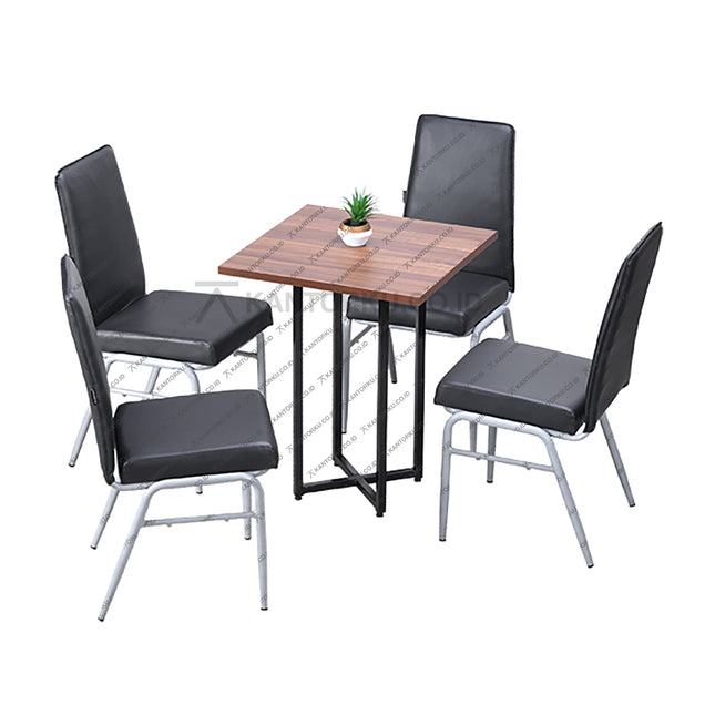 Set meja makan persegi bermotif kayu dengan kaki besi silang dan empat kursi kulit hitam — Kantorku.