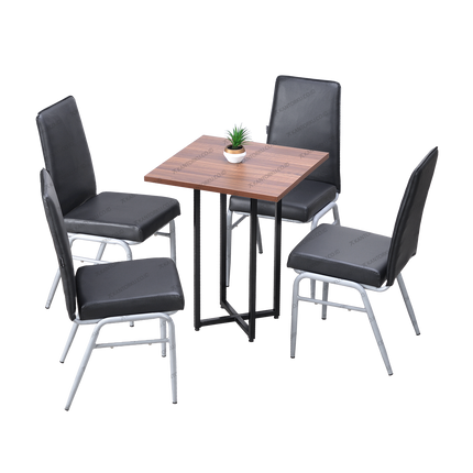 Set meja makan persegi bermotif kayu dengan kaki besi silang dan empat kursi kulit hitam — Kantorku.