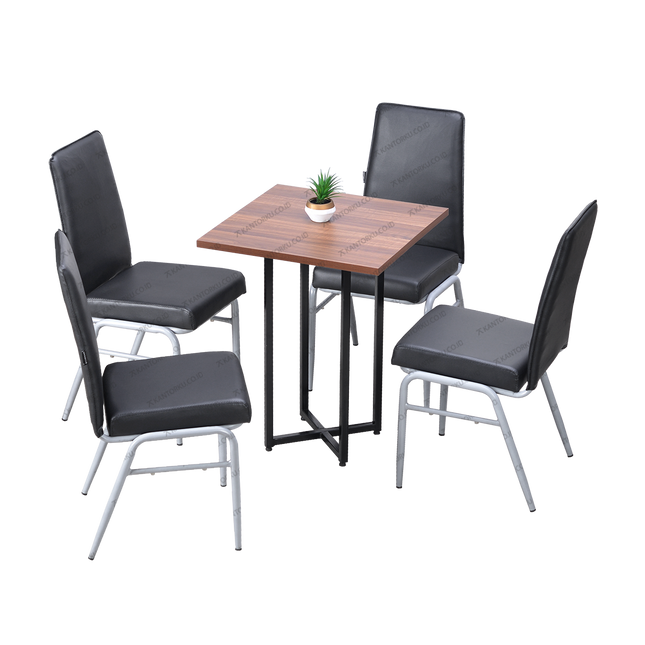 Set meja makan persegi bermotif kayu dengan kaki besi silang dan empat kursi kulit hitam — Kantorku.