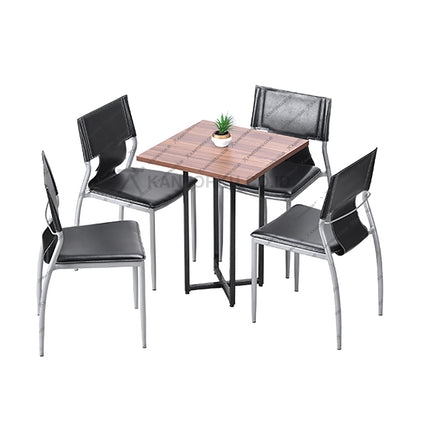 Set meja makan persegi bergaya industrial dengan kaki silang dan empat kursi kulit sintetis — Kantorku.