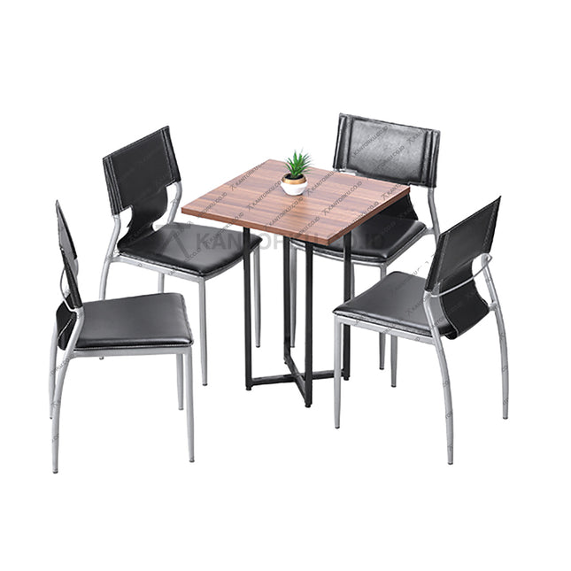 Set meja makan persegi bergaya industrial dengan kaki silang dan empat kursi kulit sintetis — Kantorku.