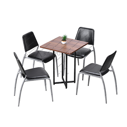 Set meja makan persegi bergaya industrial dengan kaki silang dan kursi kaki silver minimalis — Kantorku.