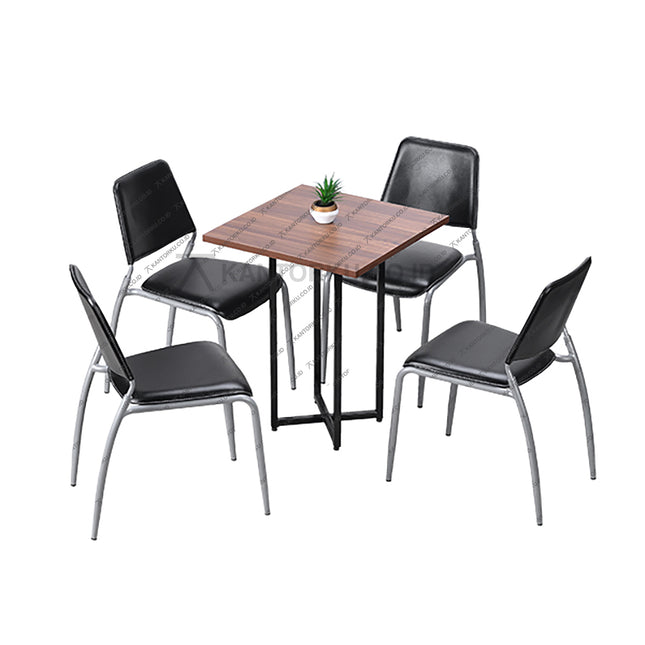 Set meja makan persegi bergaya industrial dengan kaki silang dan kursi kaki silver minimalis — Kantorku.