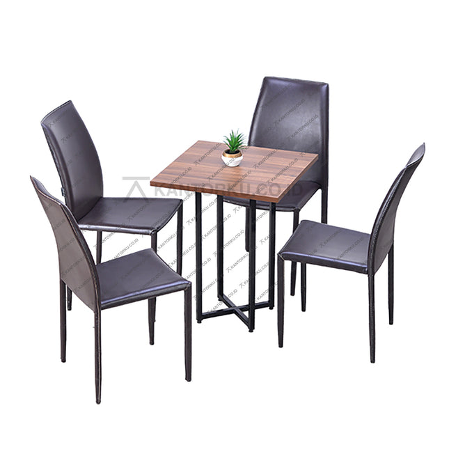 Set meja makan persegi dengan permukaan kayu dan kursi kulit sintetis coklat bergaya industrial — Kantorku.
