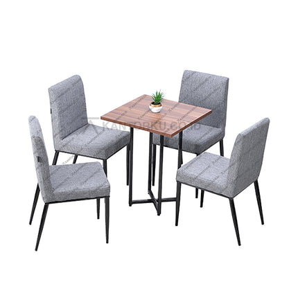 Set meja makan persegi bergaya industrial dengan meja bermotif kayu dan kursi berlapis kain — Kantorku.