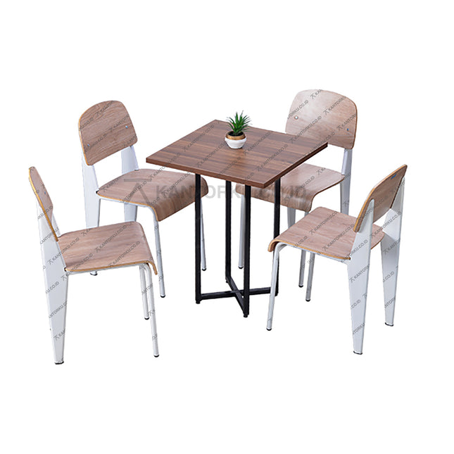 Set furnitur makan bergaya industrial dengan meja kayu dan kursi kayu lengkung — Kantorkudotcodotid.