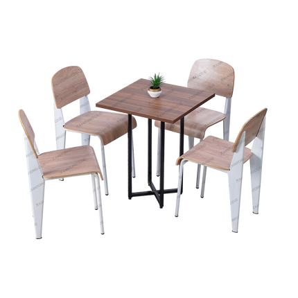 Set furnitur makan bergaya industrial dengan meja kayu dan kursi kayu lengkung — Kantorkudotcodotid.