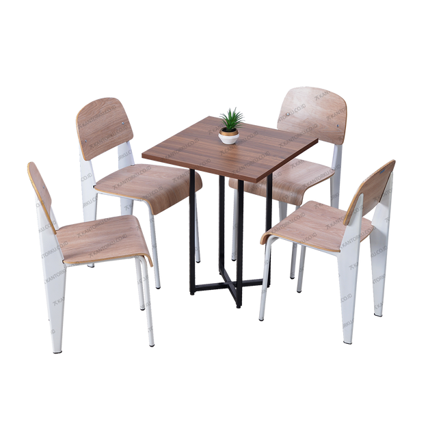 Set furnitur makan bergaya industrial dengan meja kayu dan kursi kayu lengkung — Kantorkudotcodotid.