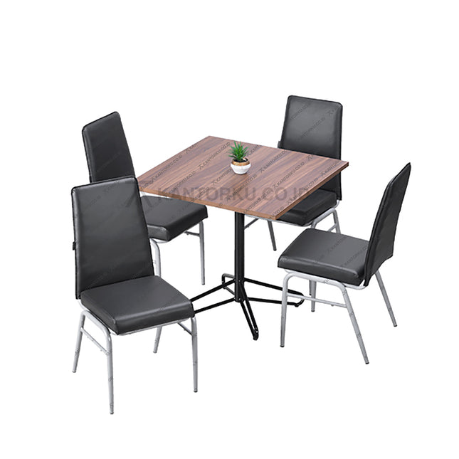 Meja makan persegi bermotif kayu dengan kaki pedestal besi berbentuk bintang — Kantorku.co.id.