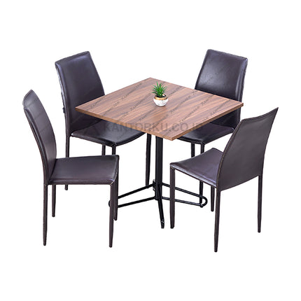 Set furnitur makan Cofemo bergaya modern dengan kursi kulit coklat dan meja elegan — Kantorkudotcodotid.