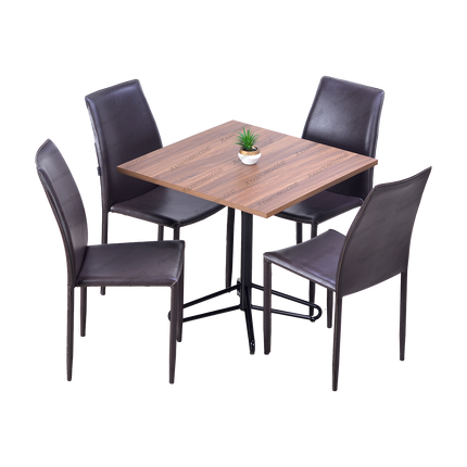 Set furnitur makan Cofemo bergaya modern dengan kursi kulit coklat dan meja elegan — Kantorkudotcodotid.