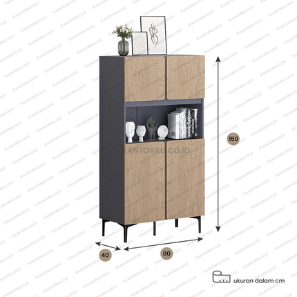 Lemari penyimpanan minimalis dengan empat pintu dan area display – Tersedia di Kantorku