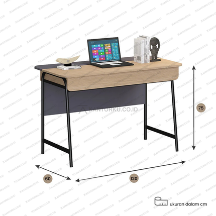 Meja kerja elegan dengan kaki besi kokoh dan finishing PVC sheet – Tersedia di Kantorku