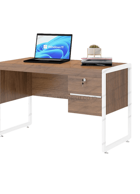 Meja kerja OT 123 modern elegan dengan finishing Romanian Walnut – Tersedia di Kantorku.co.id