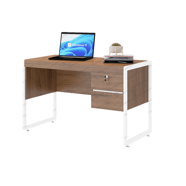 Meja kerja OT 123 modern elegan dengan finishing Romanian Walnut – Tersedia di Kantorku.co.id