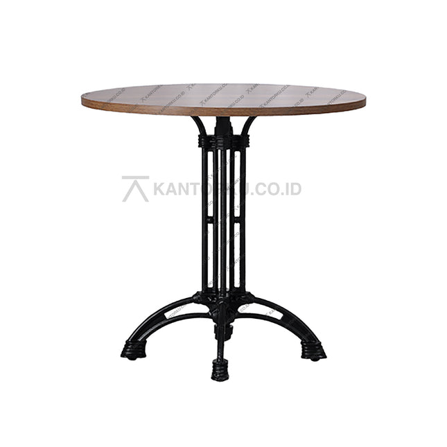 meja bundar minimalis dengan finishing kayu walnut di ruang makan modern — kantorku