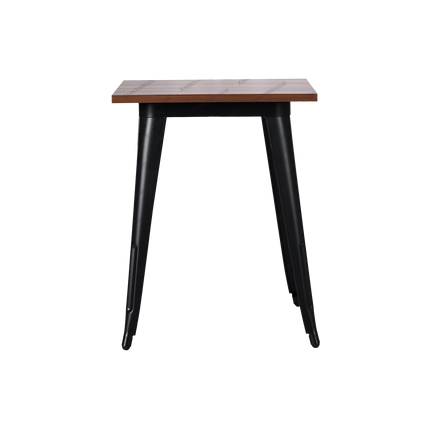 meja modern-industrial dengan kaki besi hitam dan top kayu elegan di ruang tamu — kantorku