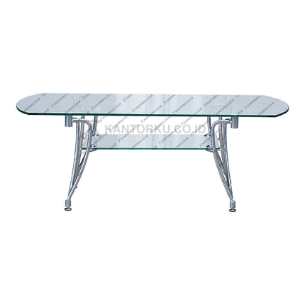 meja ruang tamu kaca modern dengan rangka logam silver elegan — kantorku