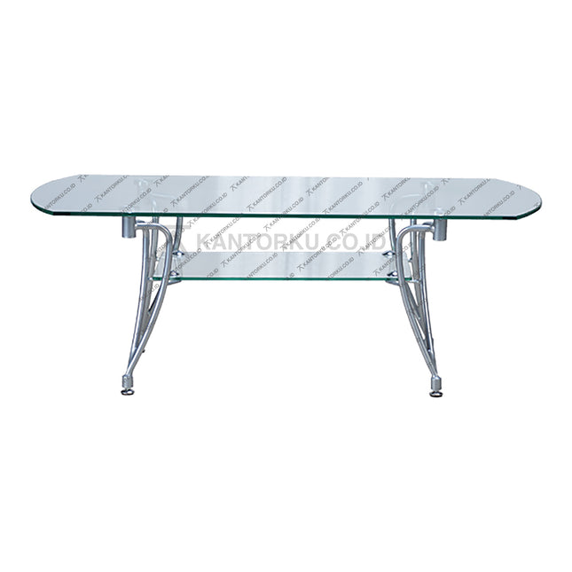 meja ruang tamu kaca modern dengan rangka logam silver elegan — kantorku