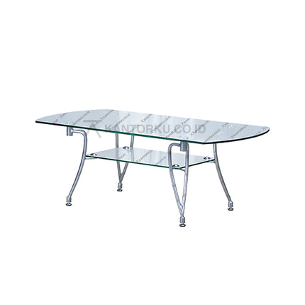 meja tamu minimalis dengan permukaan kaca dan kaki besi ramping — kantorku.co.id