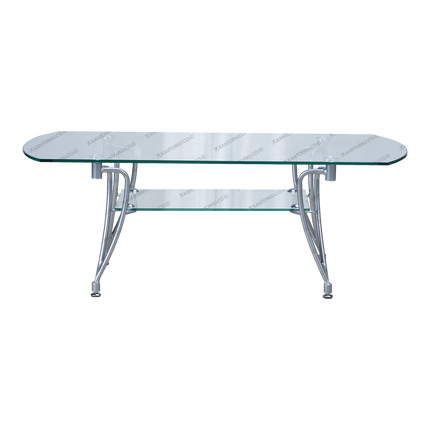 meja ruang tamu kaca modern dengan rangka logam silver elegan — kantorku