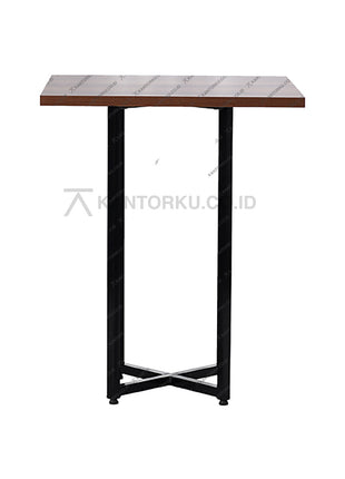 meja bar modern dengan kaki besi berbentuk X dan top kayu elegan — kantorku