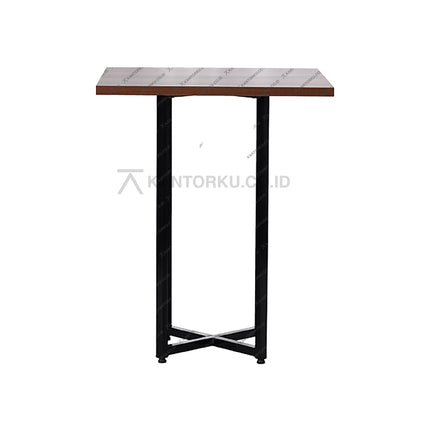 meja bar modern dengan kaki besi berbentuk X dan top kayu elegan — kantorku