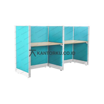 Meja partisi 2-way dengan panel fabric dan finishing beech – kantorku