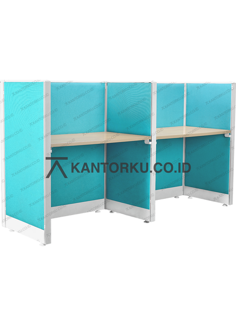 Meja partisi 2-way dengan panel fabric dan finishing beech – kantorku