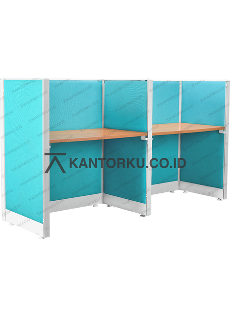 Cubical workstation dua pengguna dengan panel fabric dan meja natural – kantorku