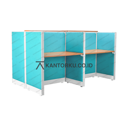 Workstation empat arah dengan panel fabric dan ambalan tambahan untuk ruang kerja modern – kantorku