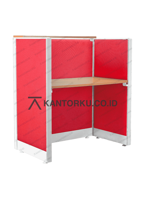 Meja Partisi Evolux dengan panel kain dan top table Cherry — kantorku
